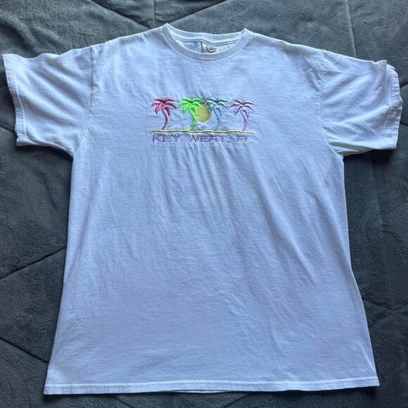 Vintage Y2K retro white Key West, Florida embroidered palm tree graphic tshirt L - Picture 1 of 7
